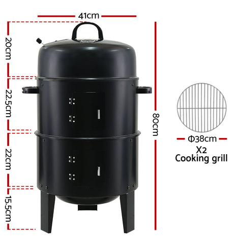 Grillz 3-in-1 Charcoal BBQ Smoker - Black