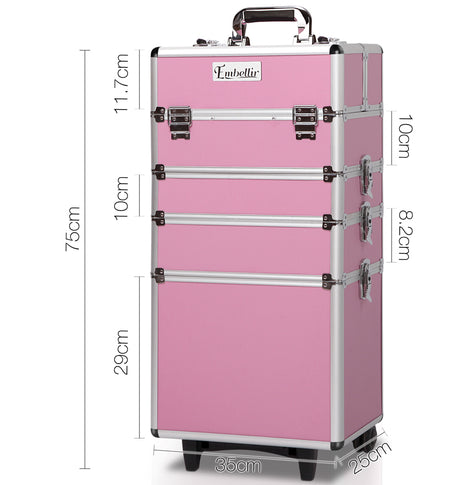 Embellir Makeup Case Beauty Trolley Cosmetic Organiser Box Travel Wheels Pink