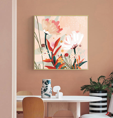 Wall Art 100cmx100cm Native Floral Gold Frame Canvas