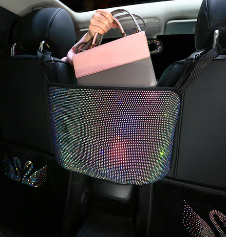 Crystal Rhinestone Car Storage Bag Organizer Barrier Of Backseat Holder Multi-Pockets Car Container Stowing Tidying