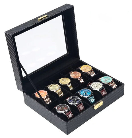 12 Slot Carbon Fiber Watch PU Storage Box With Lock