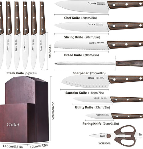 Kitchen Knife Sets, 15 Piece Knife Sets with Block for Kitchen Chef Knife Stainless Steel Knives Set Serrated Steak Knives with Manual Sharpener Knife Amazon Platform Banned