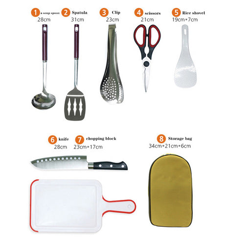 8pcs Camp Kitchen Cooking Utensil Set Travel Organizer Grill Accessories Portable Compact Gear For BBQ Camping Hiking
