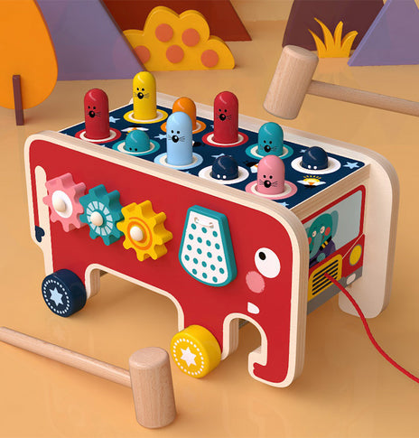 Montessori Toddlers Kids Wooden Pounding Bench Animal Bus Toys Early Educational Set Gifts For Children Toy Musical Instrument