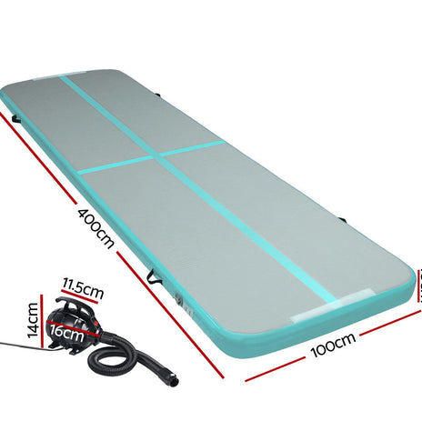 Everfit GoFun 4X1M Inflatable Air Track Mat with Pump Tumbling Gymnastics Green