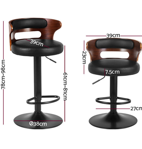 Artiss Set of 2 Bar Stools Kitchen Wooden Gas Lift Leather Stool Metal Black Barstools