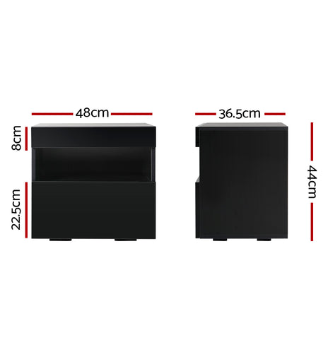 Artiss Bedside Tables Drawers Side Table RGB LED High Gloss Nightstand Black