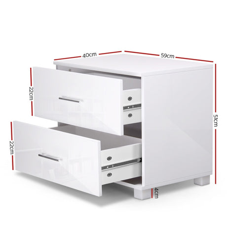 Artiss High Gloss Two Drawers Bedside Table - White