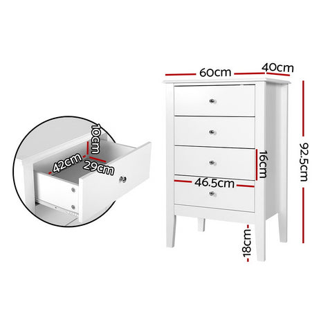 Artiss 4 Chest of Drawers Tallboy Storage Cabinet Bedside Table Dresser White