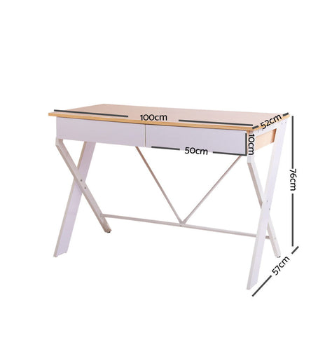 Artiss Metal Desk with Drawer - White with Oak Top