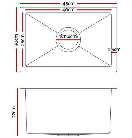 Cefito 30cm x 45cm Stainless Steel Kitchen Sink Under/Top/Flush Mount Silver