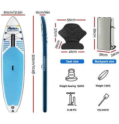 Weisshorn Stand Up Paddle Board Inflatable SUP Surfboard Paddleboard Kayak 10FT