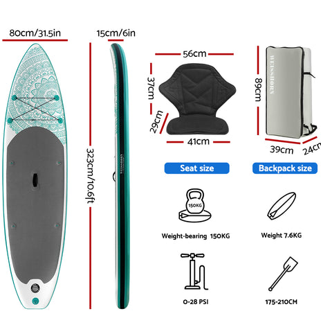 Weisshorn Stand Up Paddle Board Inflatable Kayak Surfboard SUP Paddleboard 10FT