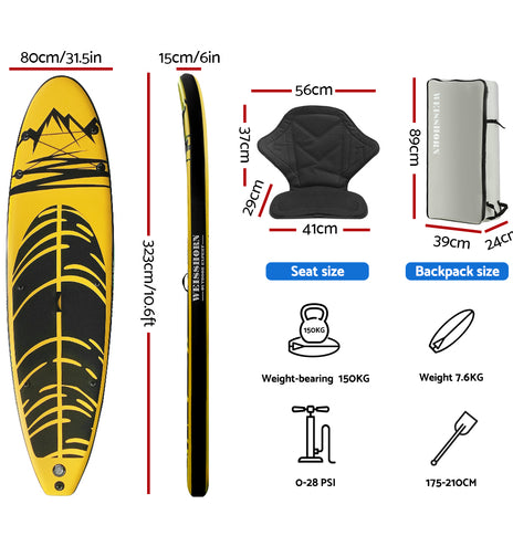 Weisshorn Stand Up Paddle Board Inflatable Kayak SUP Surfboard Paddleboard 10FT