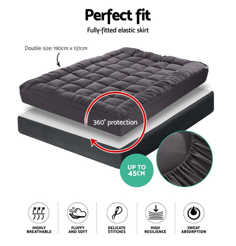 Giselle Double Mattress Topper Pillowtop 1000GSM Charcoal Microfibre Bamboo Fibre Filling Protector