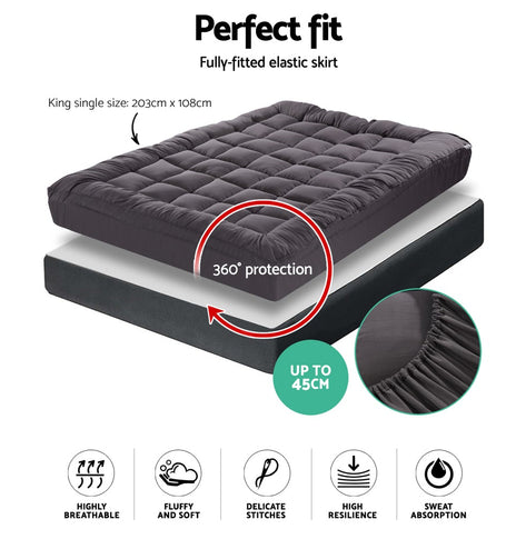 Giselle King Single Mattress Topper Pillowtop 1000GSM Charcoal Microfibre Bamboo Fibre Filling Protector
