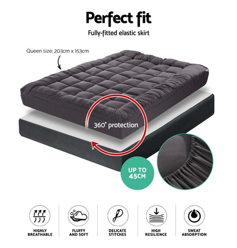 Giselle Queen Mattress Topper Pillowtop 1000GSM Charcoal Microfibre Bamboo Fibre Filling Protector