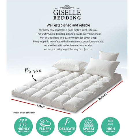 Giselle King Single Mattress Topper Pillowtop 1000GSM Microfibre Filling Protector