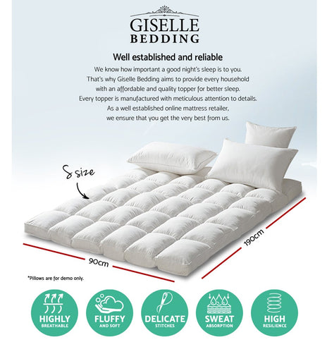 Giselle Single Mattress Topper Pillowtop 1000GSM Microfibre Filling Protector